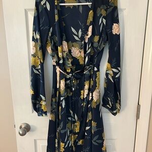 Floral Long Sleeve Dress - Navy and Yellow